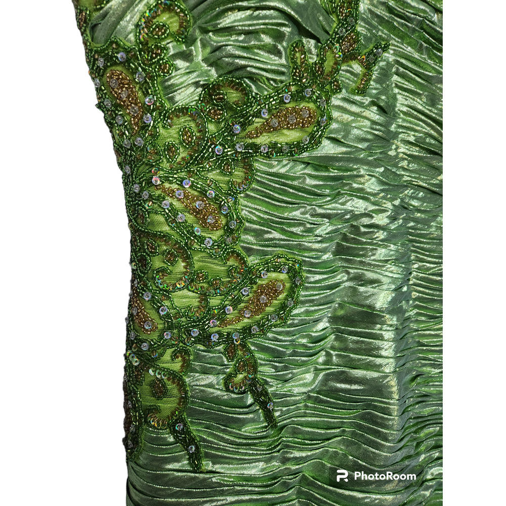 Apple Green Lame Mesh Embellished Evening Cocktail Gown Maxi Dress M - Picture 6 of 7